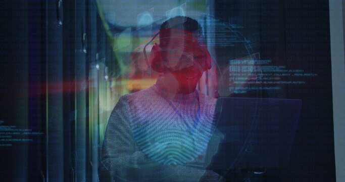 Image of finger print over african american male server room worker headphones - Powered by Adobe