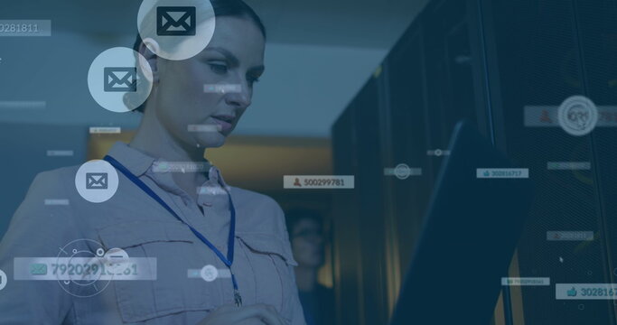 Image of falling icons over caucasian female server room worker - Powered by Adobe