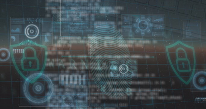 Image of data processing and fingerprint over blue background - Powered by Adobe