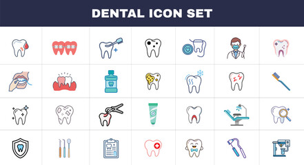 A collection of dental  icons featuring dentist, dental care, oral disease, teeth whitening, extraction, broken tooth, root canal, fillings, and wisdom teeth. Vector icon set.
