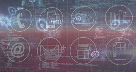 Image of data processing and icons over blue background