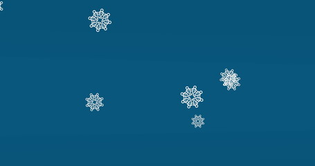 Digital image of snowflakes icons falling against copy space on blue background