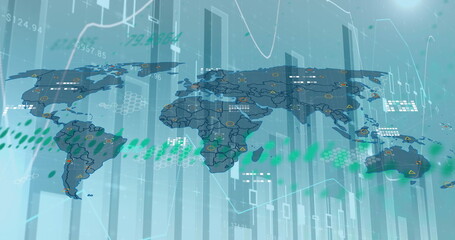 Image of graphs and world map on blue background