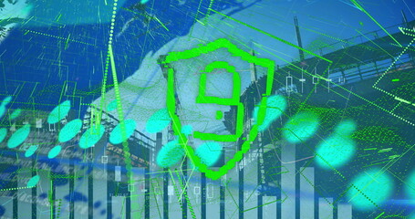 Image of graphs and digital padlock with green lines over construction site