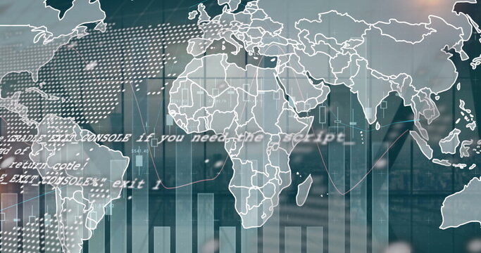 Displaying digital world map visualization on office glass panel, with charts and code overlays
