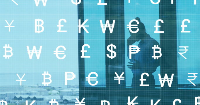 Talking silhouette businessperson holding smartphone in office tower, with currency symbols overlay - Powered by Adobe