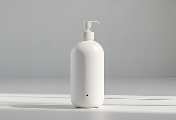 Minimalist white pump bottle against a clean gray background, perfect for beauty and hygiene product mockups.