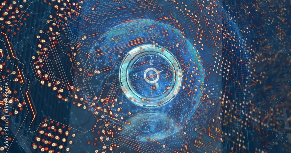 Poster image of scope scanning and computer circuit board with globe