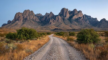 Fototapeta premium Gravel road winding through desert landscape towards a mountain range.
