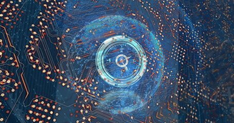 Image of scope scanning and computer circuit board with globe