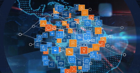 Image of globe, world map and tech icons with connections over black background