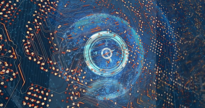 Image of scope scanning and computer circuit board with globe - Powered by Adobe