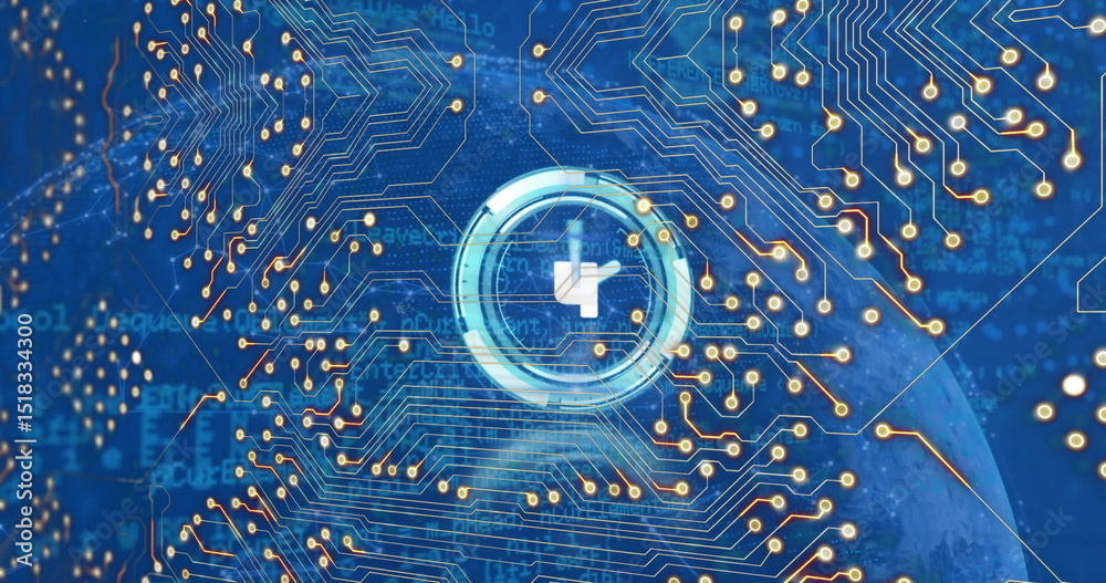 Wall mural image of integrated circuit and clock with counting over globe and blue background