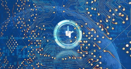 Image of integrated circuit and clock with counting over globe and blue background