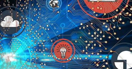 Image of integrated circuit and tech icons over globe and blue background