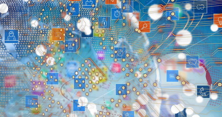 Image of integrated circuit over tech icons, globe and blue background