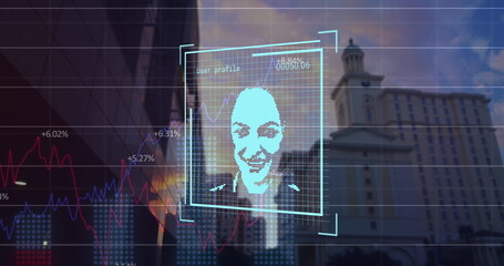 Image of financial data and user photos over cityscape