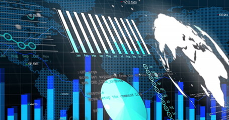 Image of graphs and financial data over world map and digital screen
