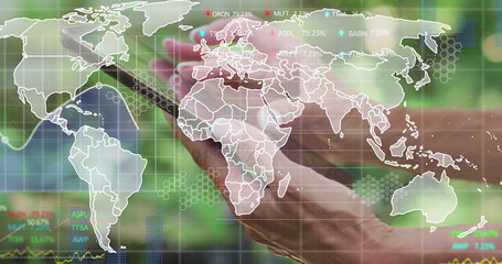 Image of world map and financial data over hands of caucasian woman using smartphone