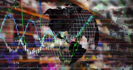Image of globe and financial data over warehouse