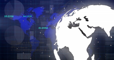 Image of globe, world map and financial data over navy digital space