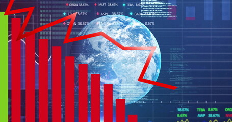 Image of graphs, globe and financial data over navy digital space
