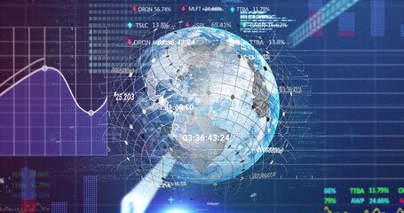 Image of globe and financial data over navy digital space