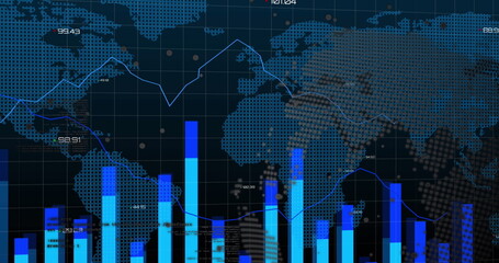 Image of graphs, world map and financial data over black digital space