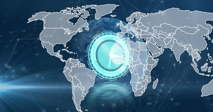 Image of globe, world map, clock and connections over navy background - Powered by Adobe