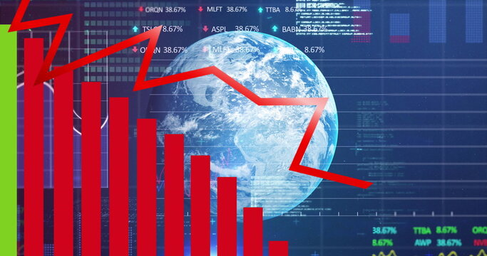 Image of graphs, globe and financial data over navy digital space - Powered by Adobe