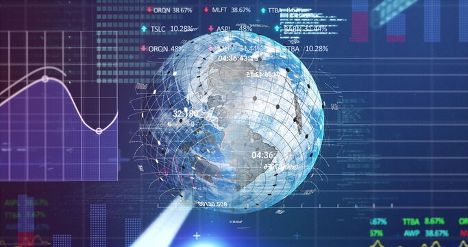 Image of globe and financial data over navy digital space - Powered by Adobe