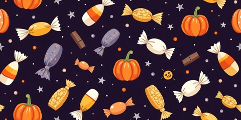 A seamless illustrated pattern of Halloween candies—candy corn, wrapped sweets, and chocolate bar