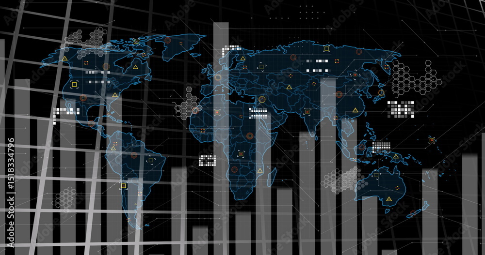 Poster image of data processing and statistics over world map