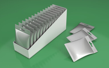 Realistic mockup of pillow pouches on green surface next to display box with pillow pouches. 3d illustration