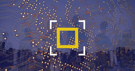 Image of integrated circuit and scanning over cityscape
