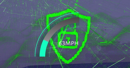 Image of speedometer and digital padlock over cityscape