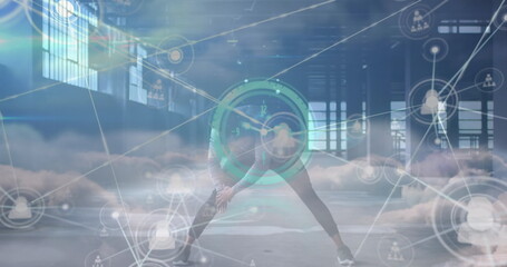 Image of network of connections over african american man exercising and clouds