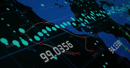 Image of financial graphs and data over black background
