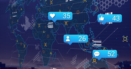 Image of social media reactions, world map and icons over cityscape