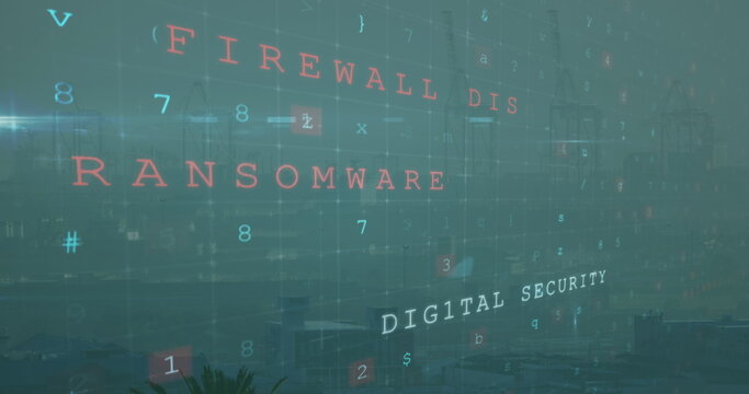 Image of online security warning text over cityscape