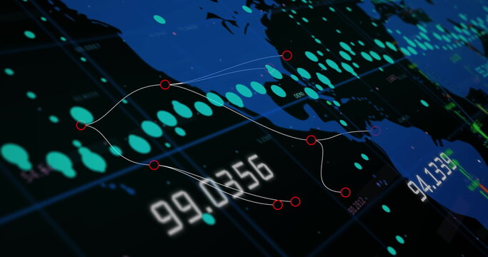 Image of financial graphs and data over black background