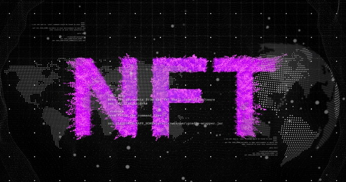 Image of world map, globe and nft over black background