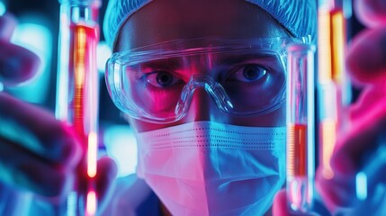 scientist holding medical testing tubes or vials of medical pharmaceutical research with blood cells and virus cure using DNA genome sequencing biotechnology as wide banner hologram