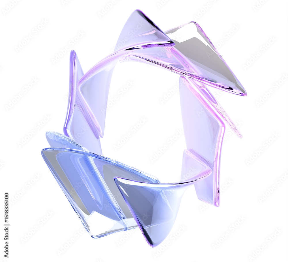 Poster Glass circle frame of hologram curve wave plates 3d render. Iridescent crystal ring with blue and pink gradient texture. Abstract geometric background with rainbow glossy clear shape