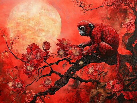 Dramatic Red Monkey Artwork for Chinese New Year &ndash; Colorful Festive Celebration