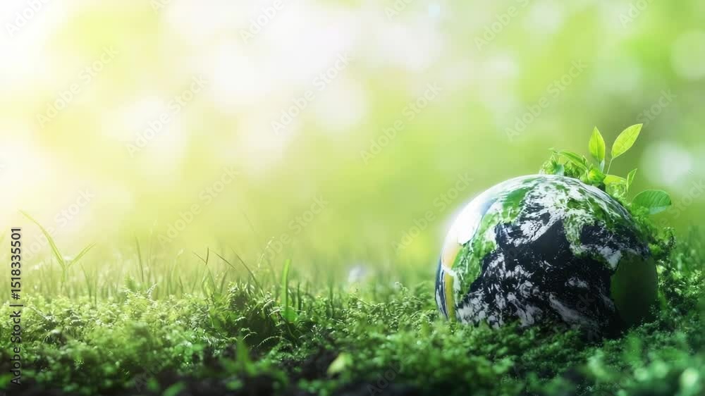 Poster a small green globe sits on top of a lush green field, ready for use as a symbol or icon