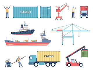 Seaport flat elements. Cargo terminal equipment, transport and workers. Containers, trucks, ships and construction crane. Flat recent vector set