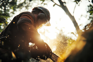 Lumberjack using chainsaw to fell tree under sunlight with sparkling dust in a rustic forest setting