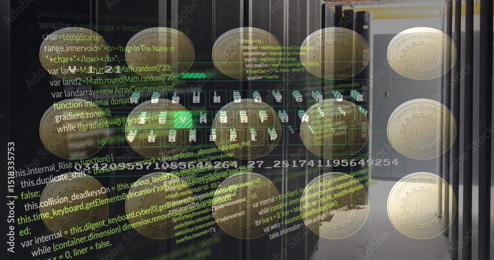 Poster image of coins with nft and data processing over servers