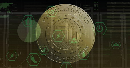 Image of coin with nft, icons and graphs over servers